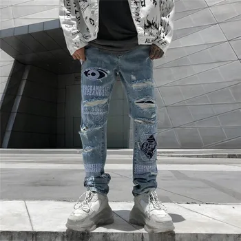 MORUANCLE Mens Labas Street Sunaikinta Džinsai Kelnės Su Siuvinėjimo Ir Skyles Mados Streetwear Kankina Hip-Hop Džinsinio audinio Kelnės