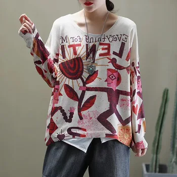 Harajuku Streetwear Sweate Marškinėliai Moterims Animacinių Filmų Spausdinti Megzti Marškinėliai Derliaus Moterų Atsitiktinis Viršuje Palaidinė Megztinis Kintwear De Mujer