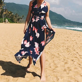 Ilga Suknelė Boho Paplūdimio Aukštos Šlaunies Padalinta Suknelė Suspender Sukienka Moterų Gilia V Maxi Gėlių Suknelė Atvira Nugara Kryžiaus Skraiste Femme 2021
