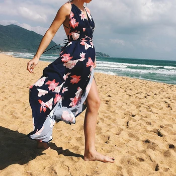 Ilga Suknelė Boho Paplūdimio Aukštos Šlaunies Padalinta Suknelė Suspender Sukienka Moterų Gilia V Maxi Gėlių Suknelė Atvira Nugara Kryžiaus Skraiste Femme 2021