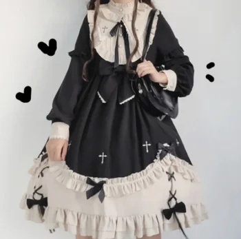 Kawaii girl gothic lolita op loli cos Gotikos derliaus saldus lolita dress nėrinių bowknot siuvinėjimo stovėti aukšto juosmens viktorijos suknelė