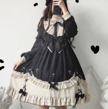 Kawaii girl gothic lolita op loli cos Gotikos derliaus saldus lolita dress nėrinių bowknot siuvinėjimo stovėti aukšto juosmens viktorijos suknelė