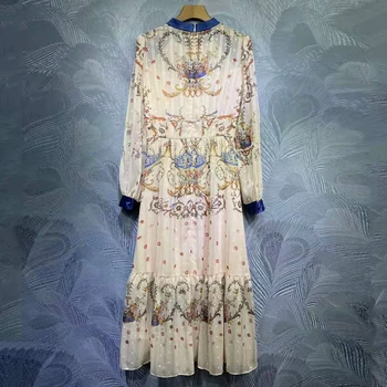 SEQINYY Šifono Suknelė Vasarą, Pavasarį, Naujų Mados Dizaino Moterų kilimo ir tūpimo Tako Aukštos Kokybės Smėlio Dobby Gėlių Spausdinti Mėlynoji Elegantiškas Midi
