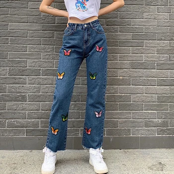 Harajuku Derliaus 90S Drugelis išsiuvinėti tiesiai kojų džinsus Moterų 2020 M. Rudenį Streetwear High Waisted Ilgio Tiesios Kelnės