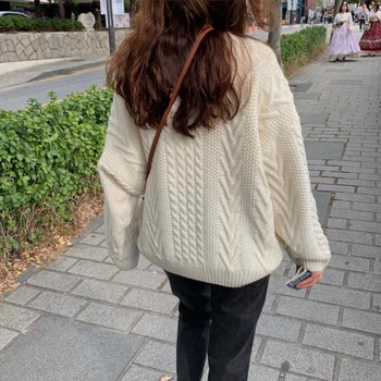 2020 m. rudens ir žiemos retro twist megztinis moterų megztinis baltos spalvos trikotažo megztinis tingus stiliaus išorinis dėvėti studentų purus kailis storas