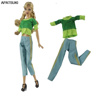 Žalia Mėlyna Kratinys Mados Lėlės Drabužius Barbie Lėlės Priedai Komplektus Top Marškinėliai & Kelnes Nustatyti 11.5