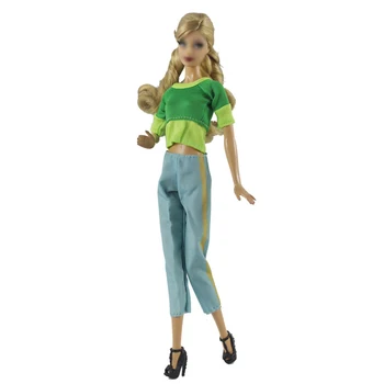 Žalia Mėlyna Kratinys Mados Lėlės Drabužius Barbie Lėlės Priedai Komplektus Top Marškinėliai & Kelnes Nustatyti 11.5