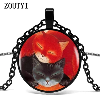 2018 raudona juoda katė miega pakabukas karoliai pareiškimą, sidabro spalvos karoliai moterų suknelė aksesuarai, stiklas cabochon papuošalai.
