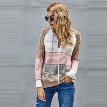 2020 m. žiemos naujas mados atsitiktinis palaidų ilgomis rankovėmis spalvų juostelės ponios megzti megztinis megztinis