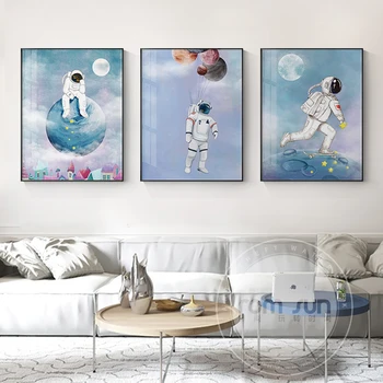 Šiaurės Balta ir Mėlyna Astronautas Planetos Drobės Tapybos Unikalų Plakatą Spausdinimo Modernus Dekoro Sienos Meno Gyvenimo Kambario, Miegamasis Eilėje