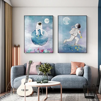 Šiaurės Balta ir Mėlyna Astronautas Planetos Drobės Tapybos Unikalų Plakatą Spausdinimo Modernus Dekoro Sienos Meno Gyvenimo Kambario, Miegamasis Eilėje