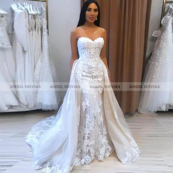 ANGEL NOVIAS Ilgą Baltą Nėrinių arabų Undinė Vestuvių Suknelės, 2021, su Nuimamu Sijonu Vestido De Noiva