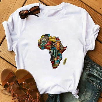 Melanino Išsilavinę Juoda Mergina Afrikos Žemėlapis Grafinis Spausdinti Moterų Marškinėliai Vasaros trumpomis Rankovėmis Marškinėlius Harajuku 90s Kawaii Moterų Viršūnių Tee