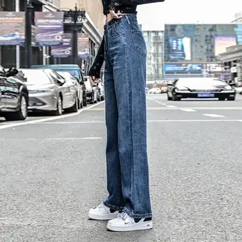 Moterų Aukšto Juosmens Džinsai, Laisvalaikio Pločio Kojų Kelnės Mados Chic Kolegijos Paauglių Streetwear Visas rungtynes, Laisvi Femme Kelnės
