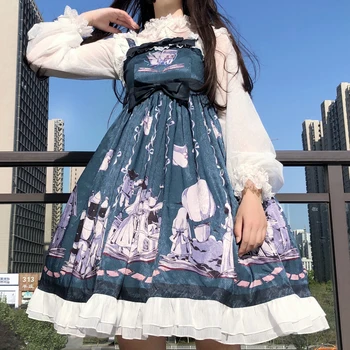 Gotikos japanese lolita dress senovinių nėrinių bowknot spausdinimo kawaii suknelė aukšto juosmens viktorijos suknelė gothic lolita jsk loli cos