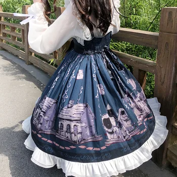 Gotikos japanese lolita dress senovinių nėrinių bowknot spausdinimo kawaii suknelė aukšto juosmens viktorijos suknelė gothic lolita jsk loli cos