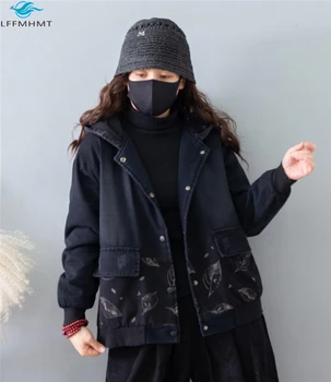 Moterų Žiemos Mados Didelio Dydžio Gobtuvu Derliaus Medvilnė Paminkštinimas Paltai Moterų Japonų Stiliaus Literatūros Kratinys Trumpo Džinsinio Audinio Švarkai