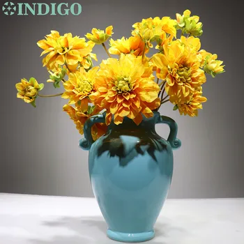 INDIGO - 5 Stiebai (5 Žiedų/Kamieninių) Šilko Gėlių Žalia Dahlia Purškimo Didelis Daisy Vestuvių Gėlių Atveju Šalis Gėlių