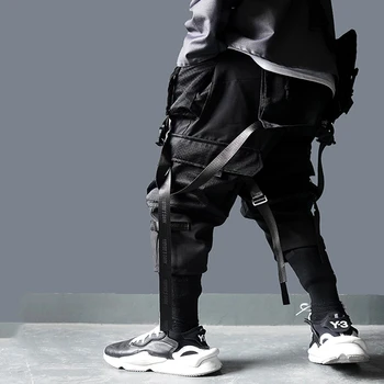 Hip-Hop Poilsiu Kelnės Vyrams Harajuku Streetwear Juostelės Multi-pocket Pants Kelnės Elastingos Juosmens HipHop Vyrų Šokių Ziajać MG406
