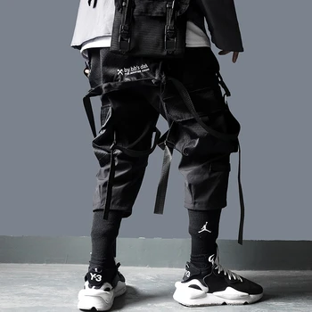 Hip-Hop Poilsiu Kelnės Vyrams Harajuku Streetwear Juostelės Multi-pocket Pants Kelnės Elastingos Juosmens HipHop Vyrų Šokių Ziajać MG406