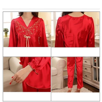 Pižama Nustatyti raudona Dirbtiniais Šilko Moterų 2VNT Marškinėliai&Kelnes Namų Drabužių V-Kaklo Naktį Suknelė Gėlių Apdaila Ilgai Stiliaus nuotaka Seksualus Sleepwear