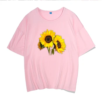 2020 metų Vasaros, Rožinė Moterų Marškinėliai trumpomis Rankovėmis Saulėgrąžų Spausdinimo Raundo Kaklo Mados Atsitiktinis marškinėliai Plius Dydis S-3XL Estetinės Marškinėliai