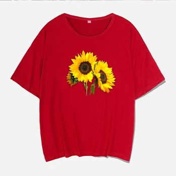 2020 metų Vasaros, Rožinė Moterų Marškinėliai trumpomis Rankovėmis Saulėgrąžų Spausdinimo Raundo Kaklo Mados Atsitiktinis marškinėliai Plius Dydis S-3XL Estetinės Marškinėliai