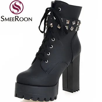 Smeeroon platformos batai moterims mados kniedės, suapvalinti tne aukšti kulniukai batai su užtrauktuku išlaikyti šiltas žiemos batai šalies bateliai