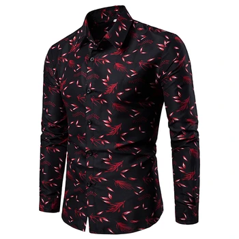 Nauji vyriški Atspausdinta Marškinėliai Vyrų Slim Fit Long Sleeve Shirt Vyrai Raudona Juoda Gėlių Spausdinti Atsitiktinis Marškiniai Plius Dydis M-4XL