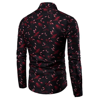 Nauji vyriški Atspausdinta Marškinėliai Vyrų Slim Fit Long Sleeve Shirt Vyrai Raudona Juoda Gėlių Spausdinti Atsitiktinis Marškiniai Plius Dydis M-4XL