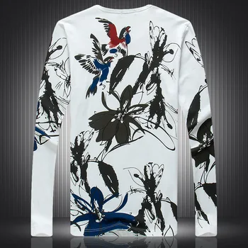 Flower grass dvigubai paukščių modelio spausdinimo mados long sleeve t shirt Rudenį 2018 Naujos kokybės medvilnės boutique t shirt vyrai, M-4XL