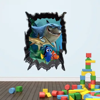 Ryklys Nemo Žuvų Sea 3D Sienos Nuimamas Vonios Lipdukai Lipdukas Vaikams Dekoras Plakatas Freskos