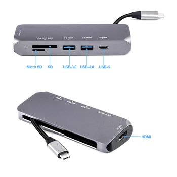 Tipas-c 6 1 jungiamojo HDMI suderinamus 4K USB3.0*2 SD/Micro SD reader tipas-c mokestį PD 60W