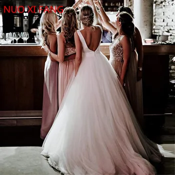 NUOXIFANG Elegantiškas-line Balta dramblio kaulo Vestuvių Suknelės Backless Minkštas Tiulis Chalatas de Soiree 2020 Naujas Paprastas Nuotakos Suknelė Individualų