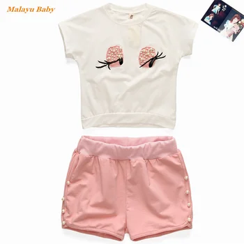 Malayu Baby Girl Nustatyti Vasaros, Nauja Vaikiška Vaikas Pearl Ilgų Blakstienų trumpomis Rankovėmis T-Shirt + Atsitiktinis Kelnės 2vnt vaikams Drabužių