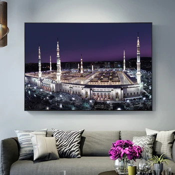 Meka Šventosios Žemės Nightscape Plakatus Ant Sienos Realistas Islamo Musulmonų Mečetė Dekoratyvinis Nuotraukas Kambarį Cuadros Dekoras