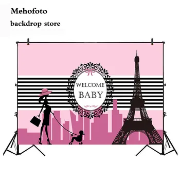 Mehofoto Baby Shower Fotografijos Backdrops Sveiki atvykę į Pink Girl Photo Booth Fone Eifelio Bokštas Rekvizitai Kompiuterį, Spausdinami 969