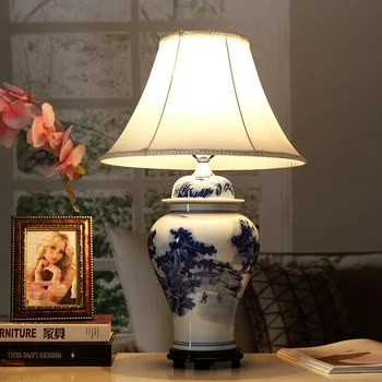 Vintage stiliaus porceliano keramikos stalo, stalo lempos, naktiniai kinijos Mėlynos ir Baltos spalvos Porceliano kinų keramikos stalo lempa