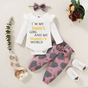 Baby Girl Drabužiai Naujagimiams Romper Daddy ' s Girl Mamyte Pasaulyje Romper Gėlių Kelnės Su Lankelis Nemokamas Pristatymas Žiemos Rinkiniai Vaikams