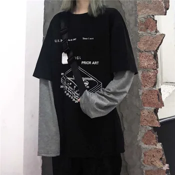 Harajuku Netikrą Dviejų dalių T-Shirt moterims, Hip-Hop Streetwear ilgomis Rankovėmis Atspausdintas Negabaritinių Mens Tees Atsitiktinis Palaidų O-Kaklo