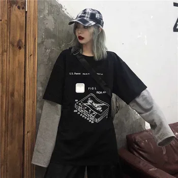 Harajuku Netikrą Dviejų dalių T-Shirt moterims, Hip-Hop Streetwear ilgomis Rankovėmis Atspausdintas Negabaritinių Mens Tees Atsitiktinis Palaidų O-Kaklo