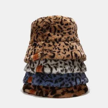 Audinės kailio sutirštės šiltą baseino skrybėlę moterų literatūros ir meno ŠVIESĄ, leopardas logotipas žvejo skrybėlę lauko saulės skrybėlę