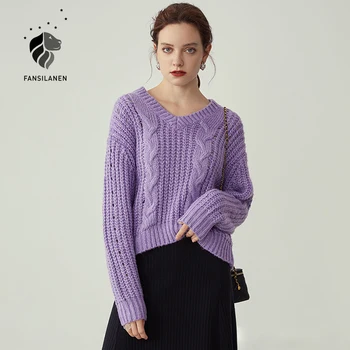 FANSILANEN Tuščiaviduriai iš purpel megzti megztinis Moterims ilgomis rankovėmis elegantiškas kašmyro megztinis Rudenį, žiemą atsitiktinis moheros megztinis 2020 m.