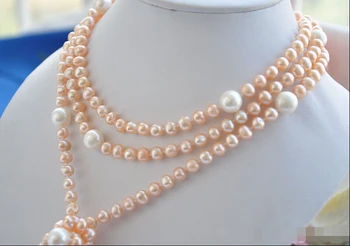 NEMOKAMAS PRISTATYMAS GAMTINIŲ 7-8mm rausvos spalvos, apvalios baltos lašelinę gėlavandenių perlų vėrinį 60inch