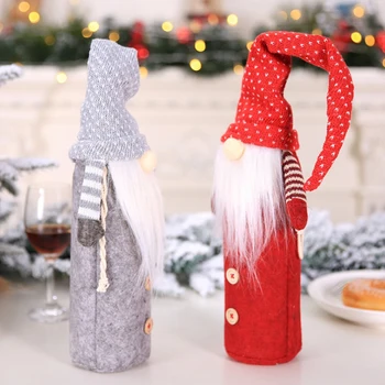 Kalėdų Raudono Vyno Butelis Nustatyti Kalėdų Vakarienę Santa Claus Buteliuko Dangtelį Krepšys