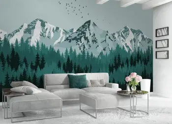 Bacal Užsakymą Šiuolaikinės Šiaurės šalių minimalistinio pušų žalia miško sniego kalnų kraštovaizdžio sienos, namo apdailos 3d tapetai, freskos