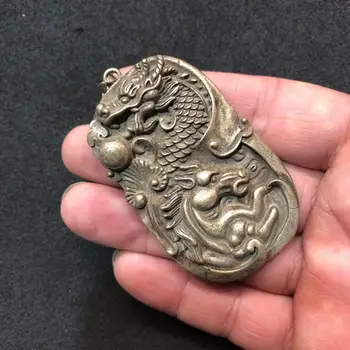Antikvariniai senų Senovės Tibeto sidabro žirgas, drakonas dvasios žymę karoliai pakabukas
