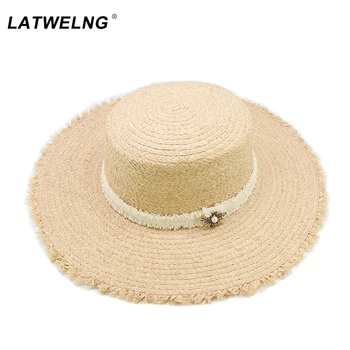 Naujas Moterų Pearl+Bičių Rafija Beach Sun Skrybėlės Didelis Kraštų Masto 10 cm Šiaudų Skydelis Skrybėlę Ponios, Sulankstomas Vasaros UV Kepurės Didmeninė