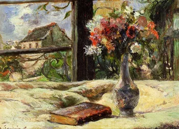 Aukštos kokybės Aliejaus tapybos Drobės Reprodukcijos natiurmortas. Vaza su gėlėmis ant lango (1881) pateikė Paul Gauguin rankomis dažyti