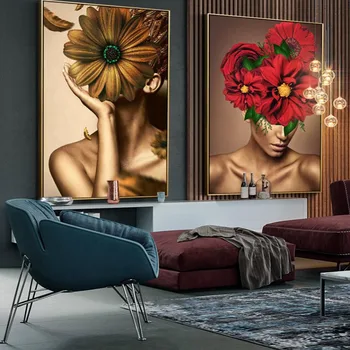 Modernus Nordic Stiliaus Tapybos Drobės Mergina Ir Gėlių Sienos Menas, Plakatų Ir Grafikos Namų Puošybai Sienos Nuotraukas, Už Kambarį